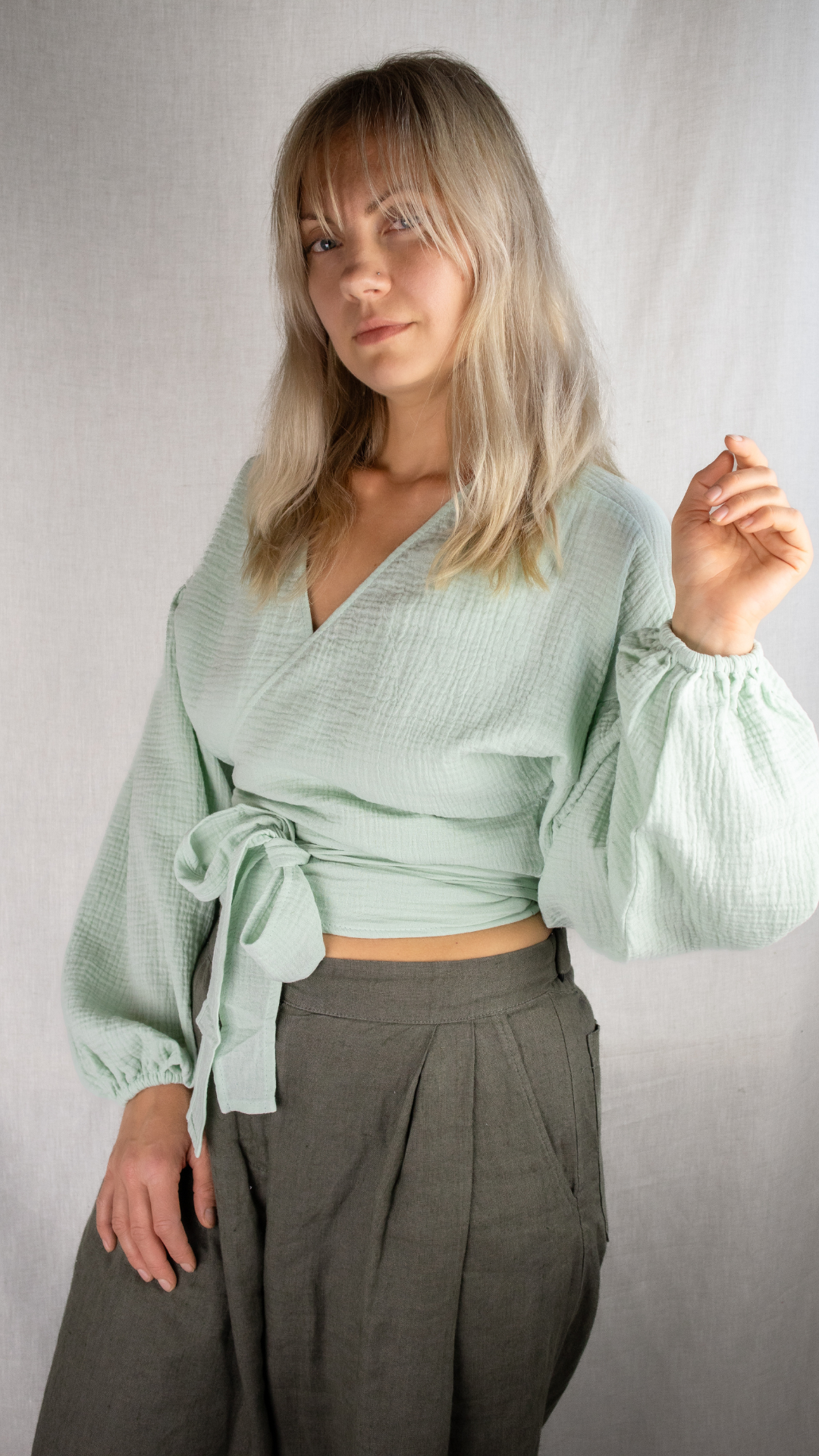 Muslin Wrap Top with Puffed Sleeves