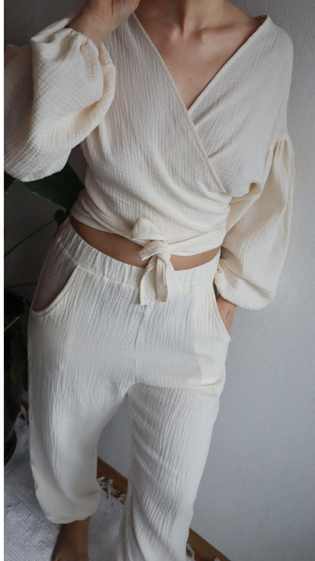 Muslin Puffed Sleeves Set  Top & Pants