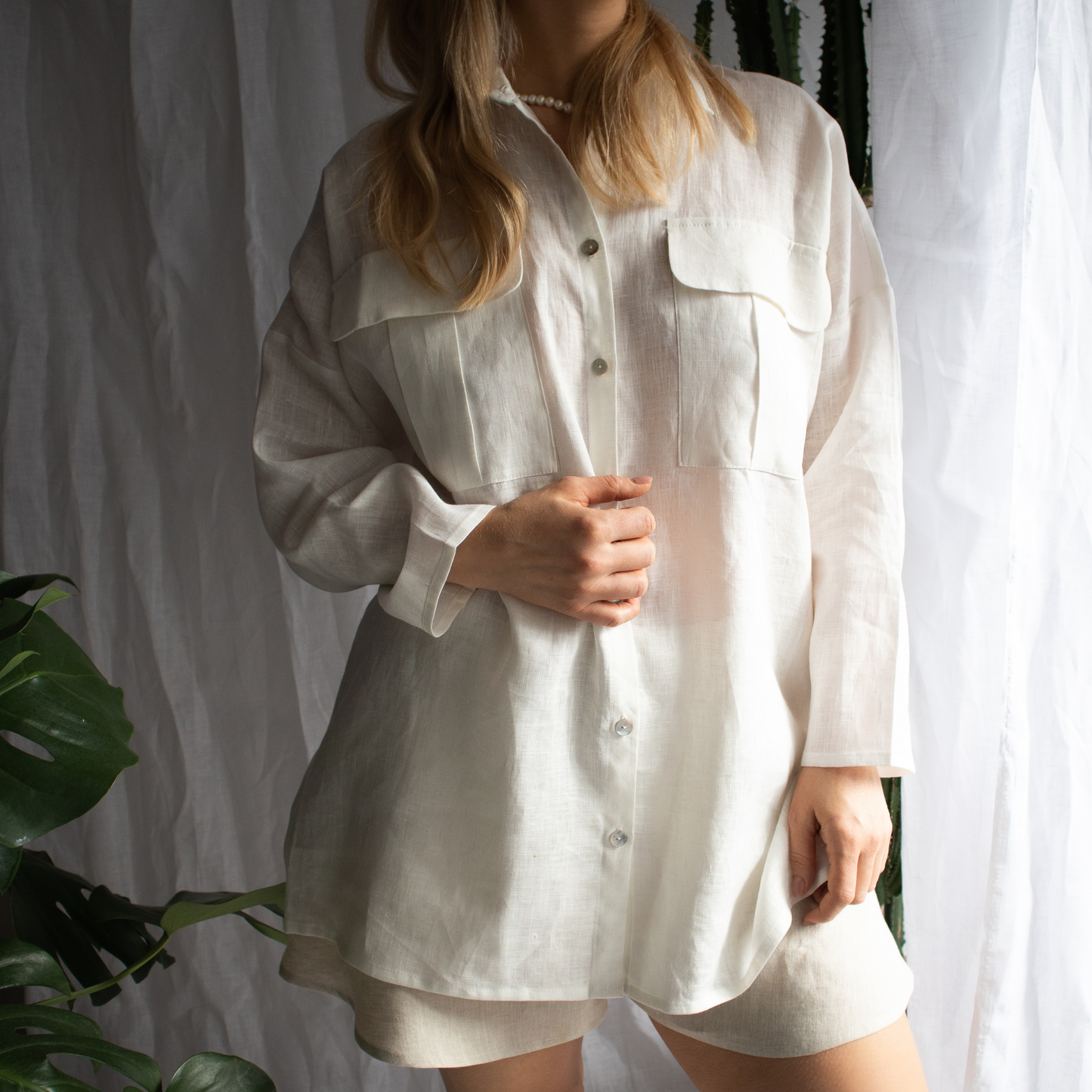 Oversized Linen Shirt with Big Front Pockets