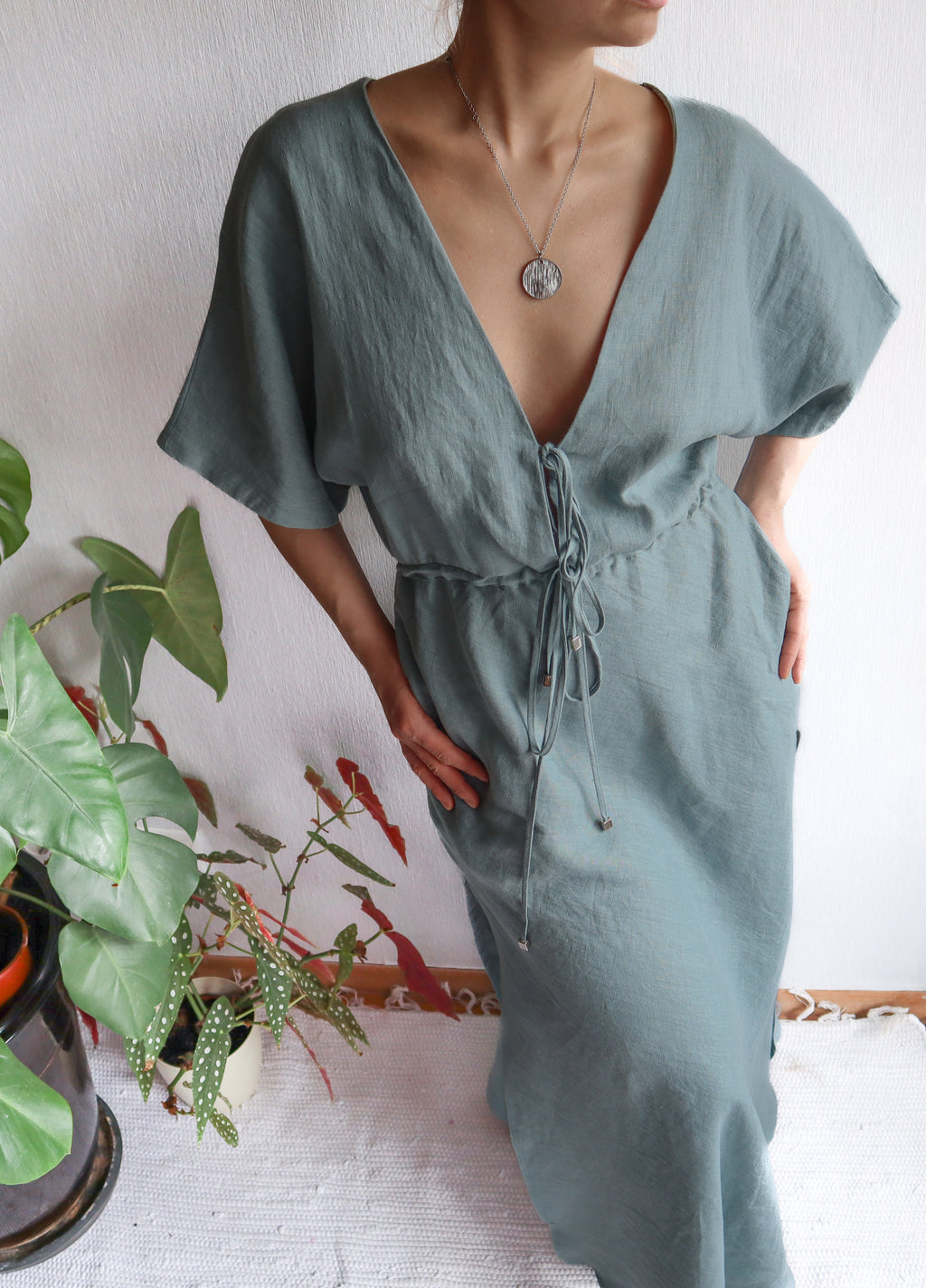 Linen Dress  Summer Spring V-Neck Dress