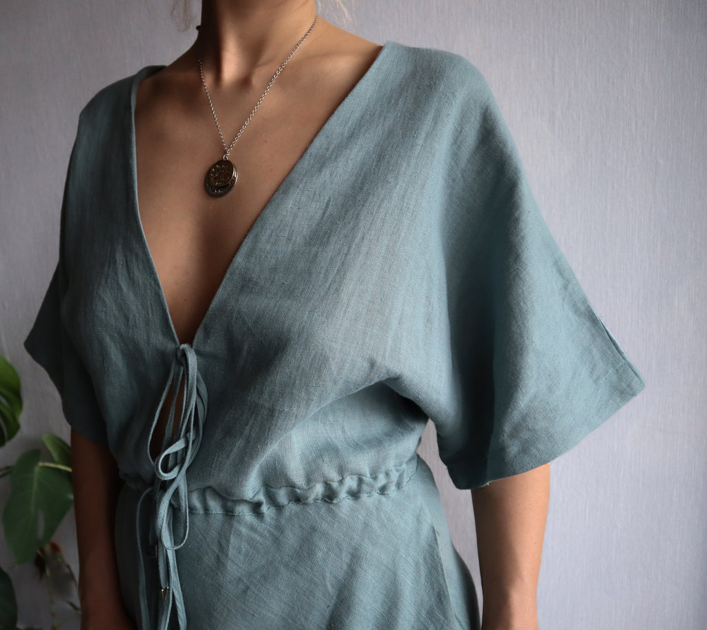 Linen Dress  Summer Spring V-Neck Dress