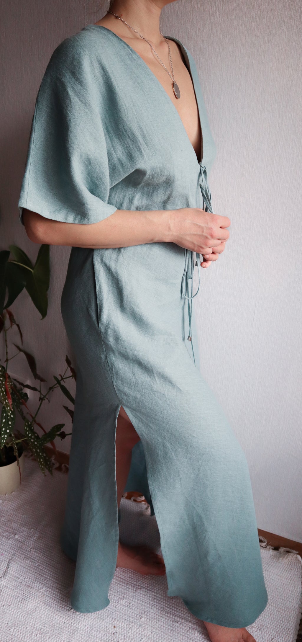 Linen Dress  Summer Spring V-Neck Dress