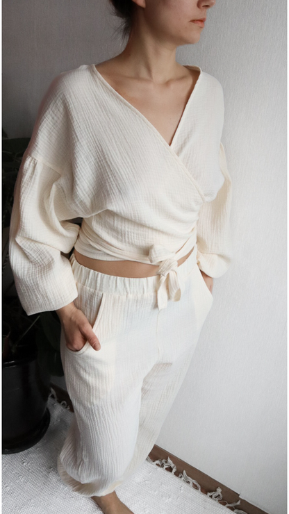 Muslin Puffed Sleeves Set  Top & Pants