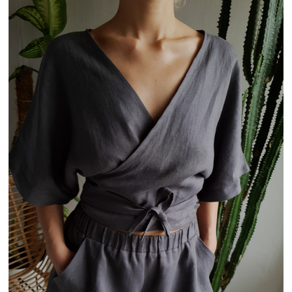 Ready to ship Linen Dark Green Wrap Top