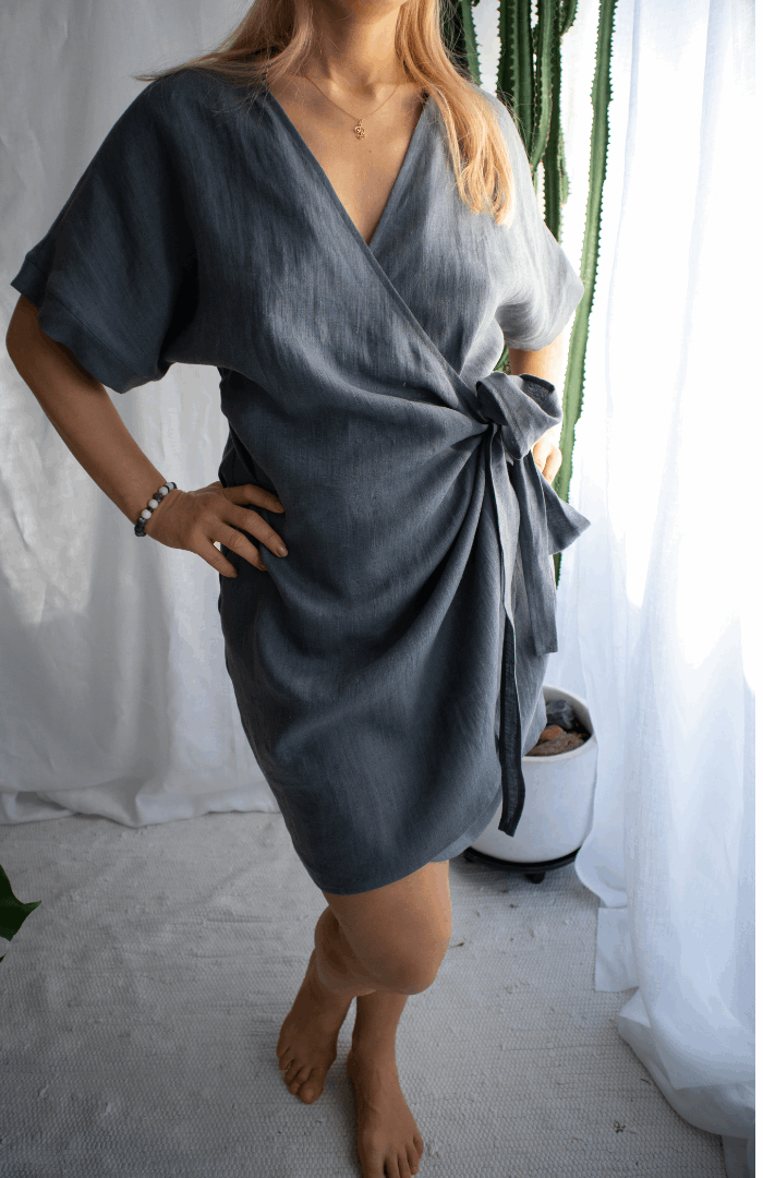 Linen Kimono Wrap Dress M / CHARCOAL Linen Kimono Wrap Dress M / CHARCOAL