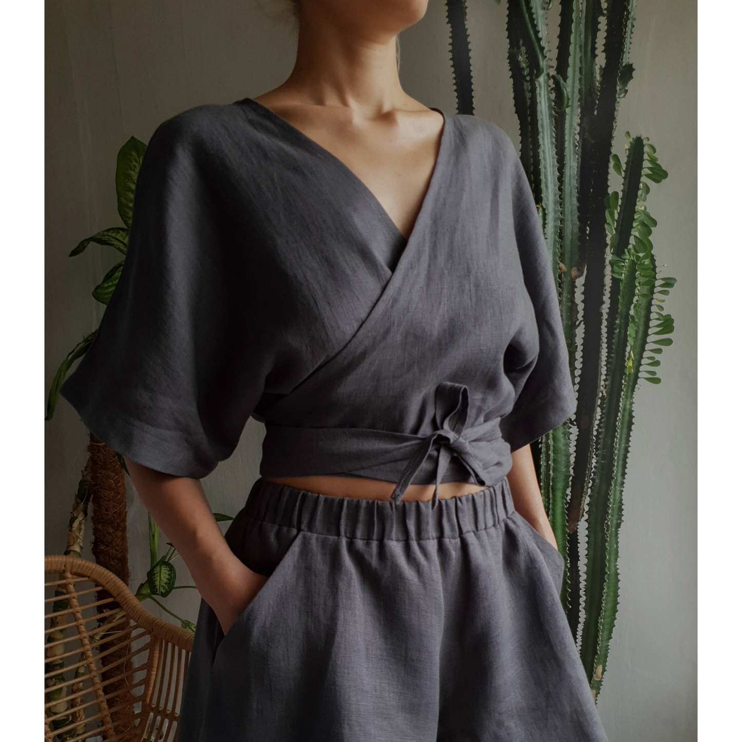 Ready to ship Linen Dark Green Wrap Top