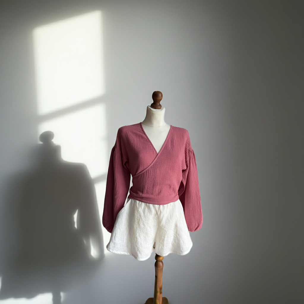 Ready to ship-Muslin Wrap Top with Puffed Sleeves