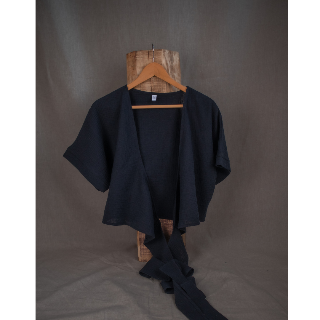 Ready to Ship Black Muslin Wrap Top