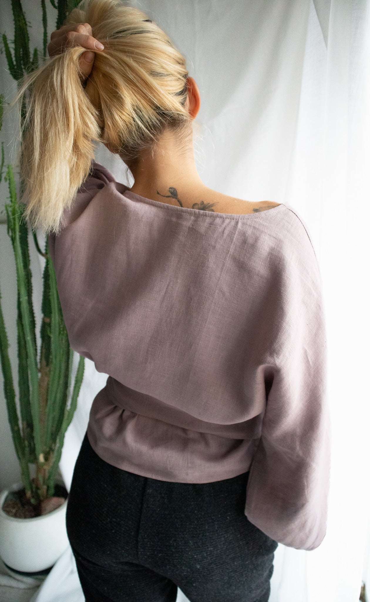 Linen Long Sleeves Wrap Top.