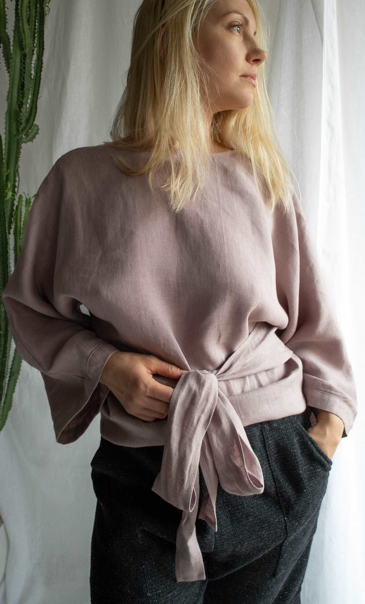 Linen Long Sleeves Wrap Top.