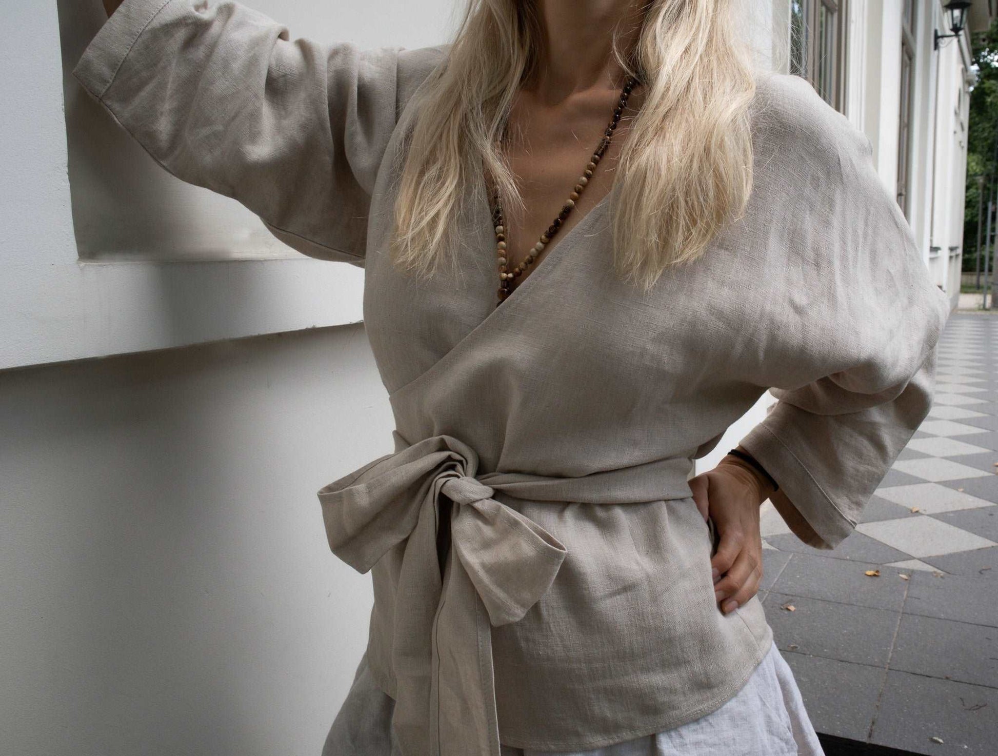 Linen Long Sleeves Wrap Top.