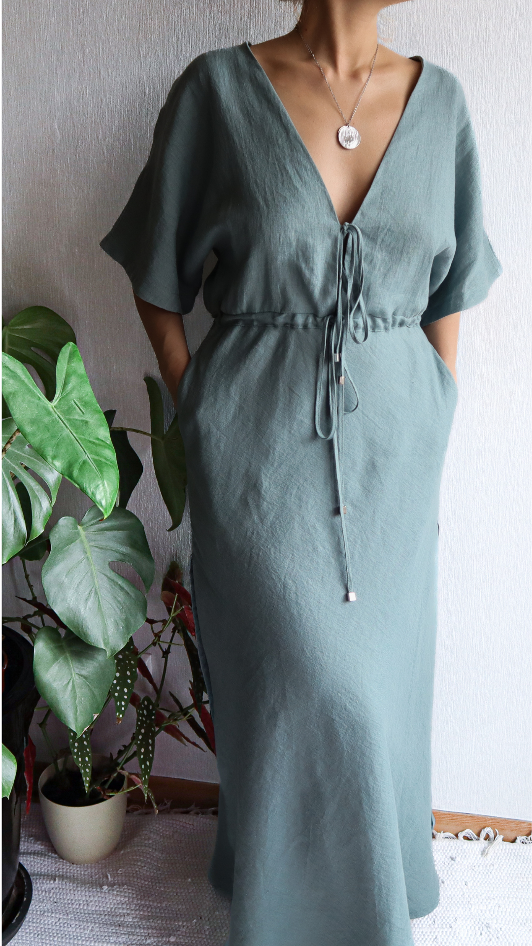 Linen Dress  Summer Spring V-Neck Dress