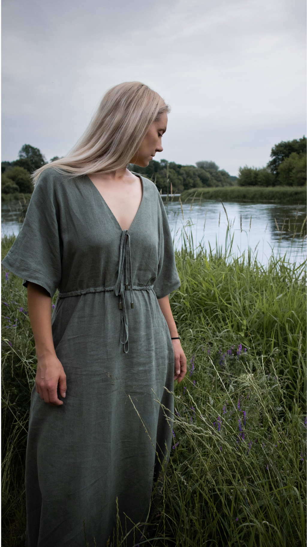 Linen Dress  Summer Spring V-Neck Dress