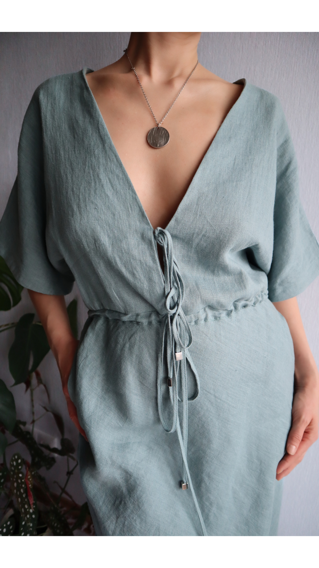 Linen Dress  Summer Spring V-Neck Dress