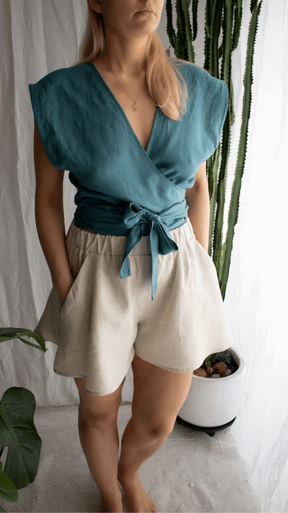 Linen Sleeveless Wrap Top