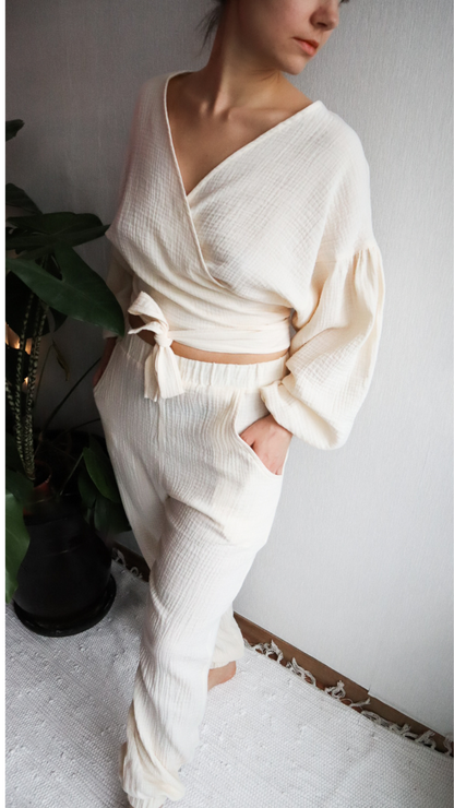 Muslin Puffed Sleeves Set  Top & Pants