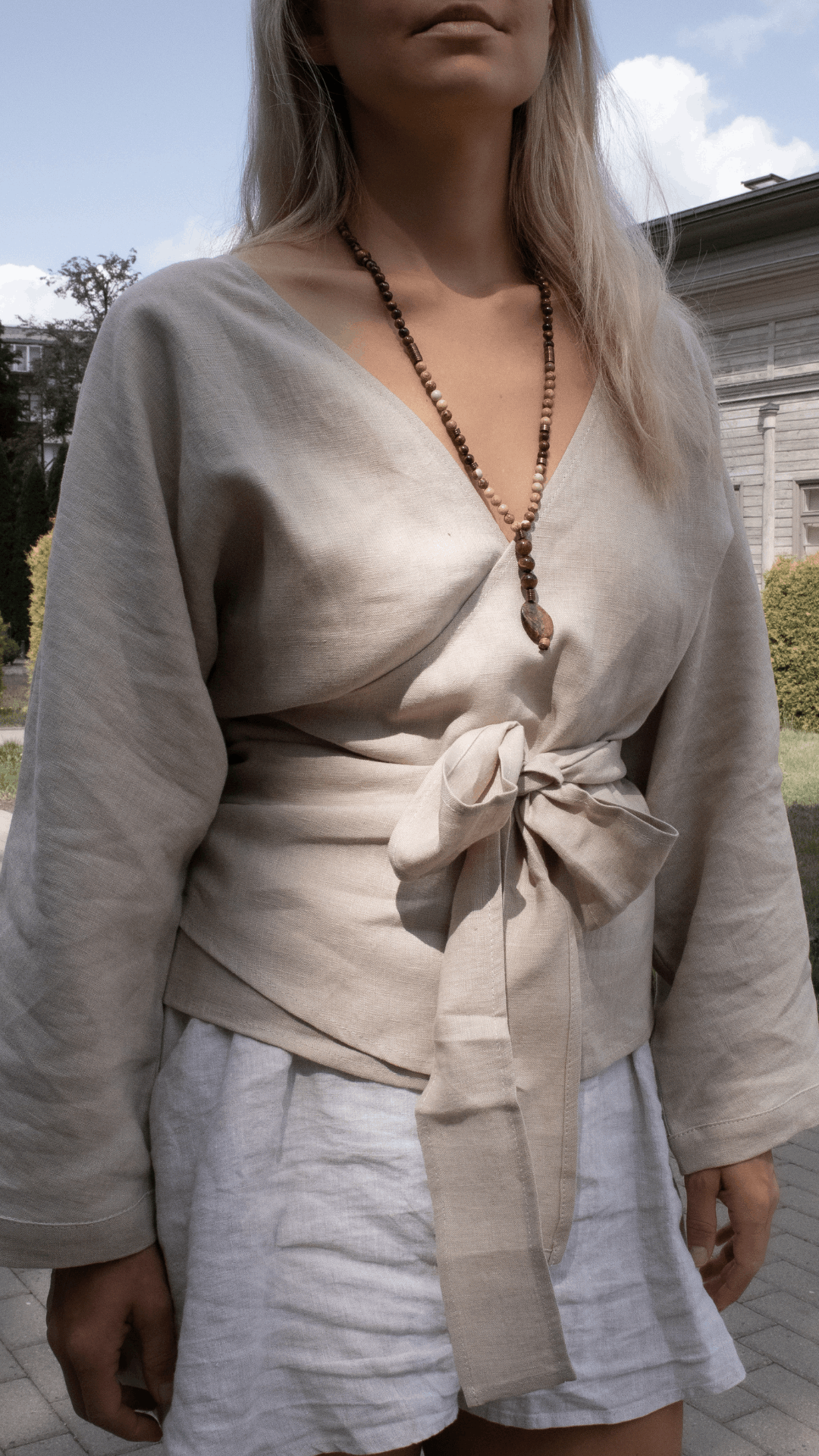 Linen Long Sleeves Wrap Top.